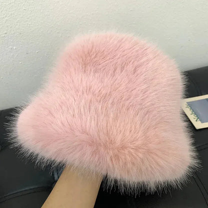 y2k Fluffy Faux Fur Bucket Hat Women Rabbit Fur Warm Thick Plush Winter Hat Lady Luxury Fashion - Shop & Buy