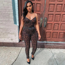 Load image into Gallery viewer, V neck Leopard Print Skinny Camisole Jumpsuit Women Mesh Flocking Low Chest Sleeveless Sexy Bodycon Clubwear
