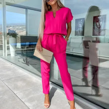 Load image into Gallery viewer, Women Jumpsuit Summer V Neck Short Sleeves Ladies Jumpsuit Tie Waist Slant Pocket Female Jumpsuit
