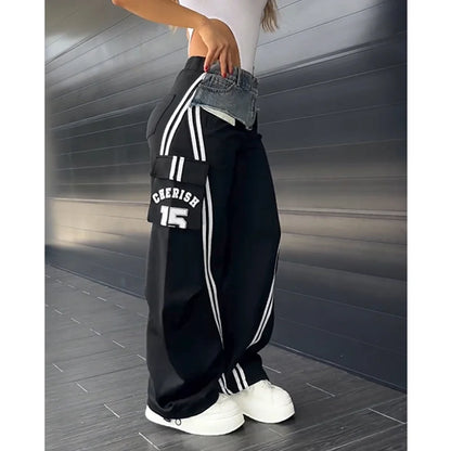 Fashionable Women Denim Patchwork Side Pocket Patchwork Loose Trousers Splicing Sweatpants Wide Leg Straight Hip Hop Pants