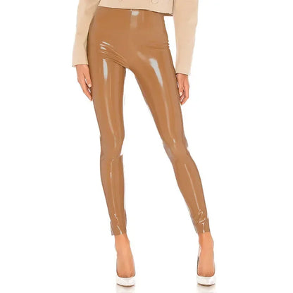 High Waist Faux Latex Seameless Legging Women Bodycon Shiny Patent Leather Trousers Ladies PVC Stretch Slim Cropped Pants