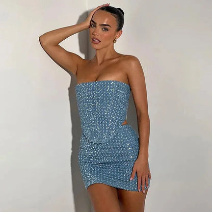 Women Blue Sequined Denim 2 Piece Sets Sexy Strapless Top Stylish Woman Mini Skirt Sets