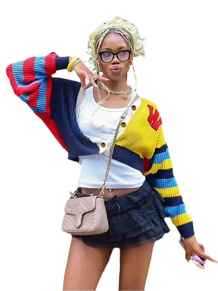 Y2K Cardigan Sweater Women Letter Print Casual Wild V-Neck Button Colorful Patchwork Street Trend Hipster Knit Coat - Shop & Buy