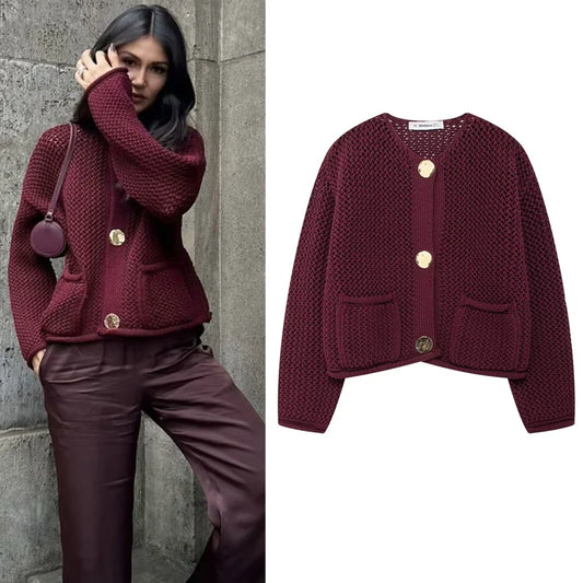 Women's Sweater Crochet Oversize Cardigan Autumn Crop Knit Button O-Neck Knitwear Loose Long Sleeve Top