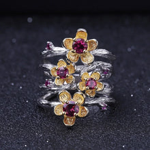 Load image into Gallery viewer, 925 Sterling Silver Handmade Ring 0.96Ct Natural Rhodolite Garnet Plum Blossom Flower Rings for Women Fine Jewelry
