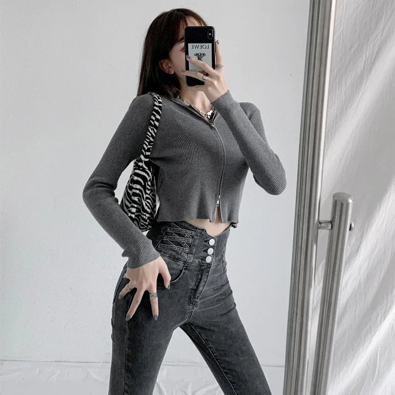 High Waist Mom Jeans Women Boyfriends Straight Elastic Femme Cotton Slim Vintage Trend Denim Pants