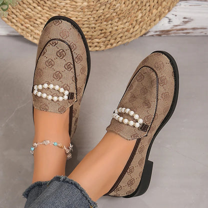 Pearl Chain Decor Women's Flats Fashion Embroidered Soft Sole Loafers Shoes for Women Summer Comfort Slip On Single Shoes