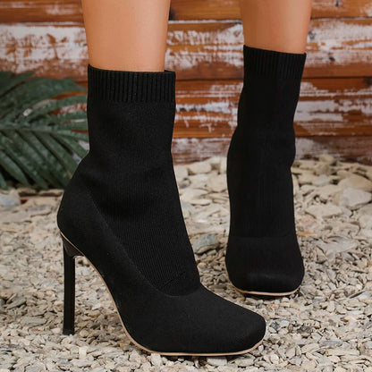 Women's Sexy Stiletto Heel Sock Boots Solid Color Square Toe Stretch Slip On Booties - Shop & Buy