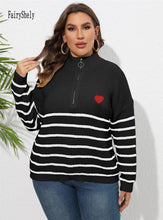 Load image into Gallery viewer, Winter Zipper Mock Neck Plus Size Sweater Women Stripe Large Pullover Lady Loose Oversize Jumper Big Jerseys Curvy Knitwear
