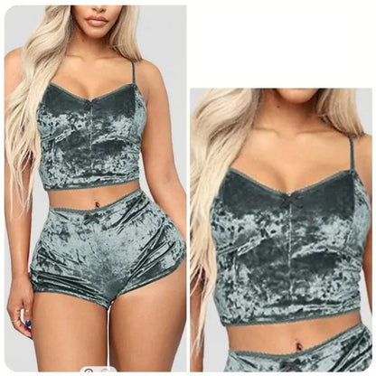 Women's Velvet Polyester Comfortable V-neck Underwear Setcamisole+shorts Pajamas Set - Shop & Buy