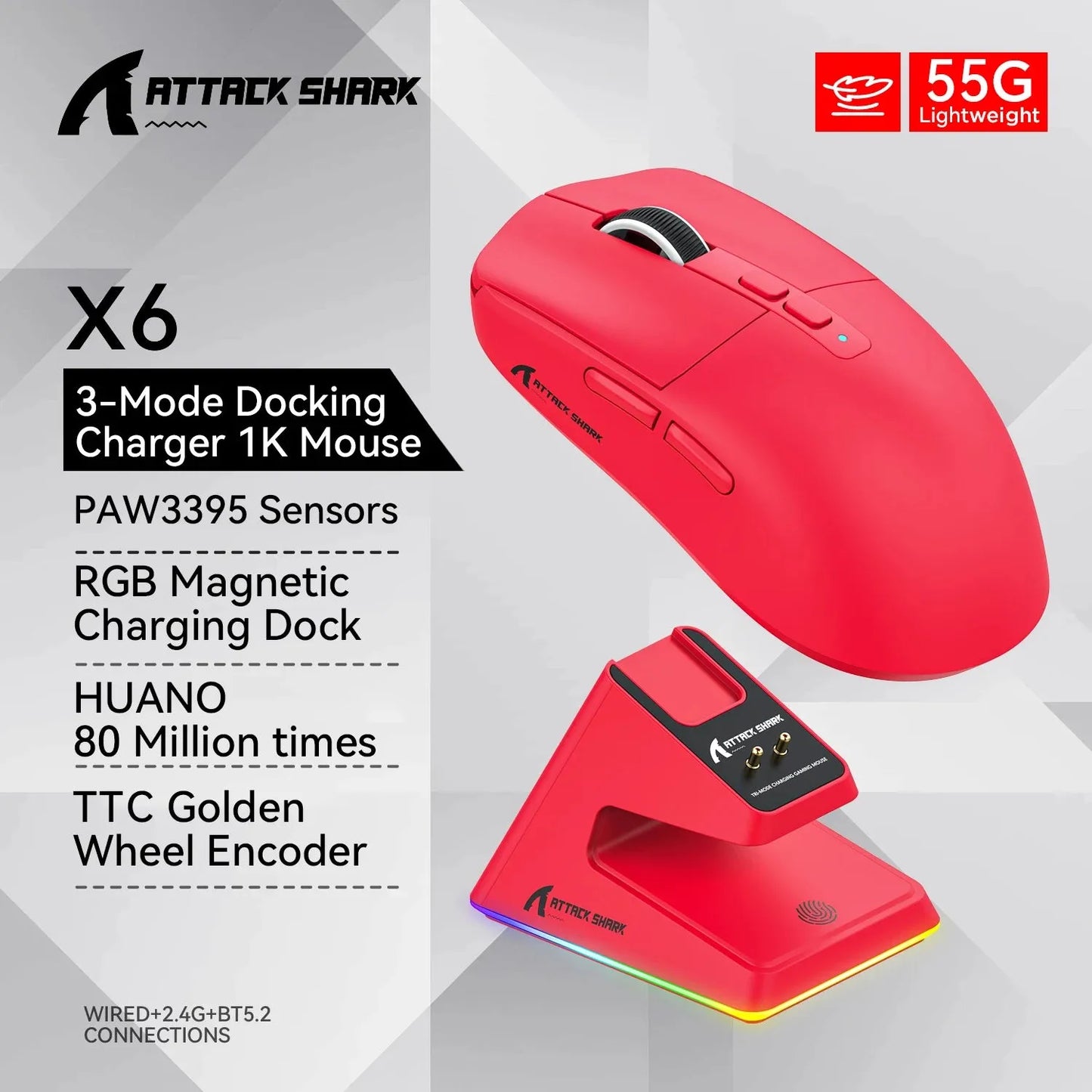 X6 PAW3395 Bluetooth Mouse , Tri-Mode Connection, RGB Touch Magnetic Charging Base, Macro Gaming Mouse - Shop & Buy