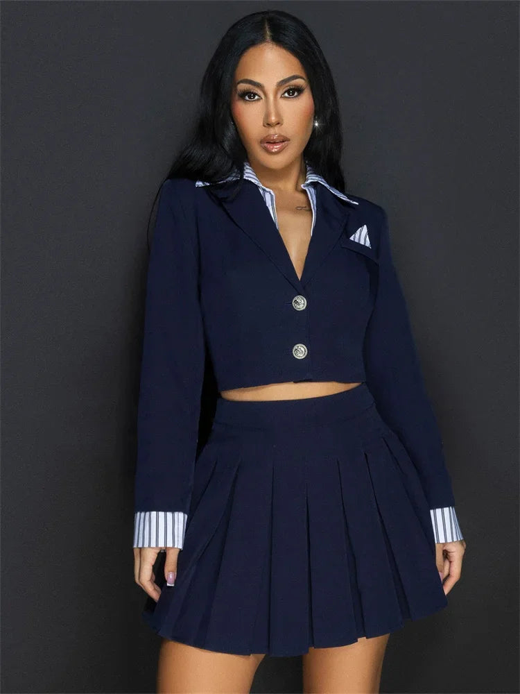 Women Two Piece Set Fashionable Casual Suit Collar Button Fake Two-piece Top Pleated Skirt Set