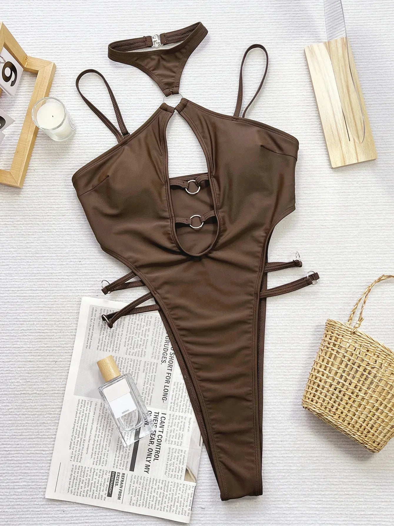 Women's Solid Color One Piece Bikini Brown Sexy Cross Hollow Out Suspender Swimsuit - Shop & Buy