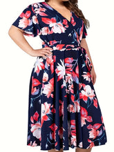 Load image into Gallery viewer, Plus Size Floral Print Cinched Waist Dress, Elegant Short Sleeve Dress For Spring &amp; Summer, Women&#39;s Plus Size Clothing
