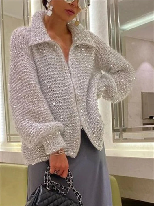 New Women's Sweater with High-end Temperament Small Fragrance Comfortable Sequin V-neck Sweater