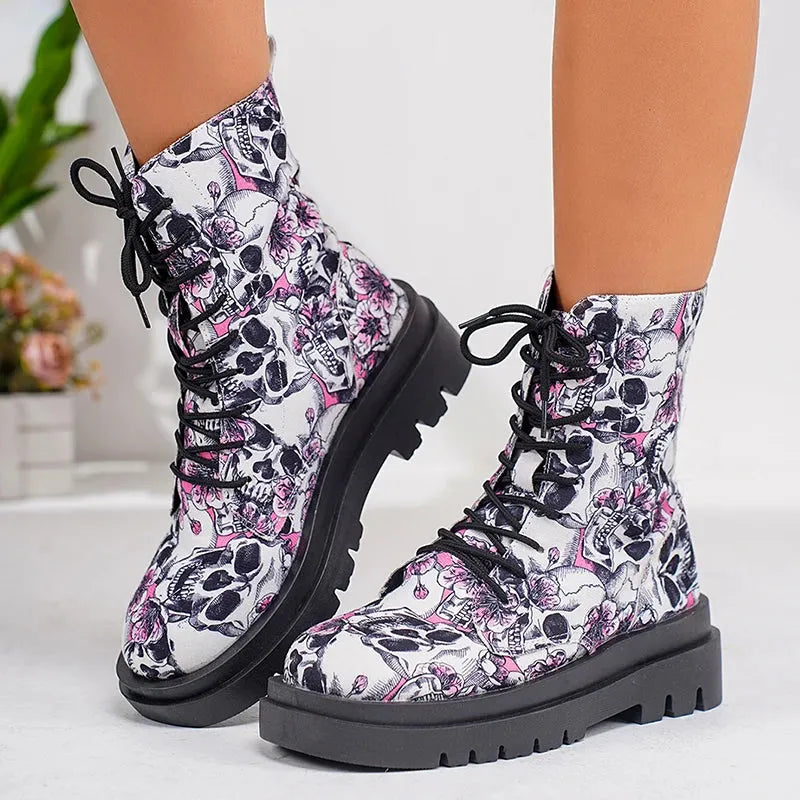 Women's Fashion Graffiti Printed Ankle Boots Platform Lace Up Flat Combat Booties Woman Non Slip Pu Leather Short Boots - Shop & Buy