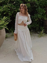 Load image into Gallery viewer, White Square Neck Lace Long Sleeved Crop Top Set Fashion Women High Waist Swing Maxi Skirt Suit
