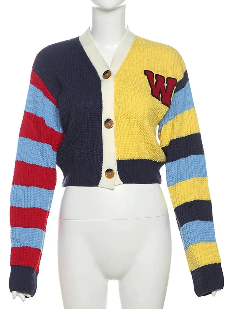 Y2K Cardigan Sweater Women Letter Print Casual Wild V-Neck Button Colorful Patchwork Street Trend Hipster Knit Coat - Shop & Buy