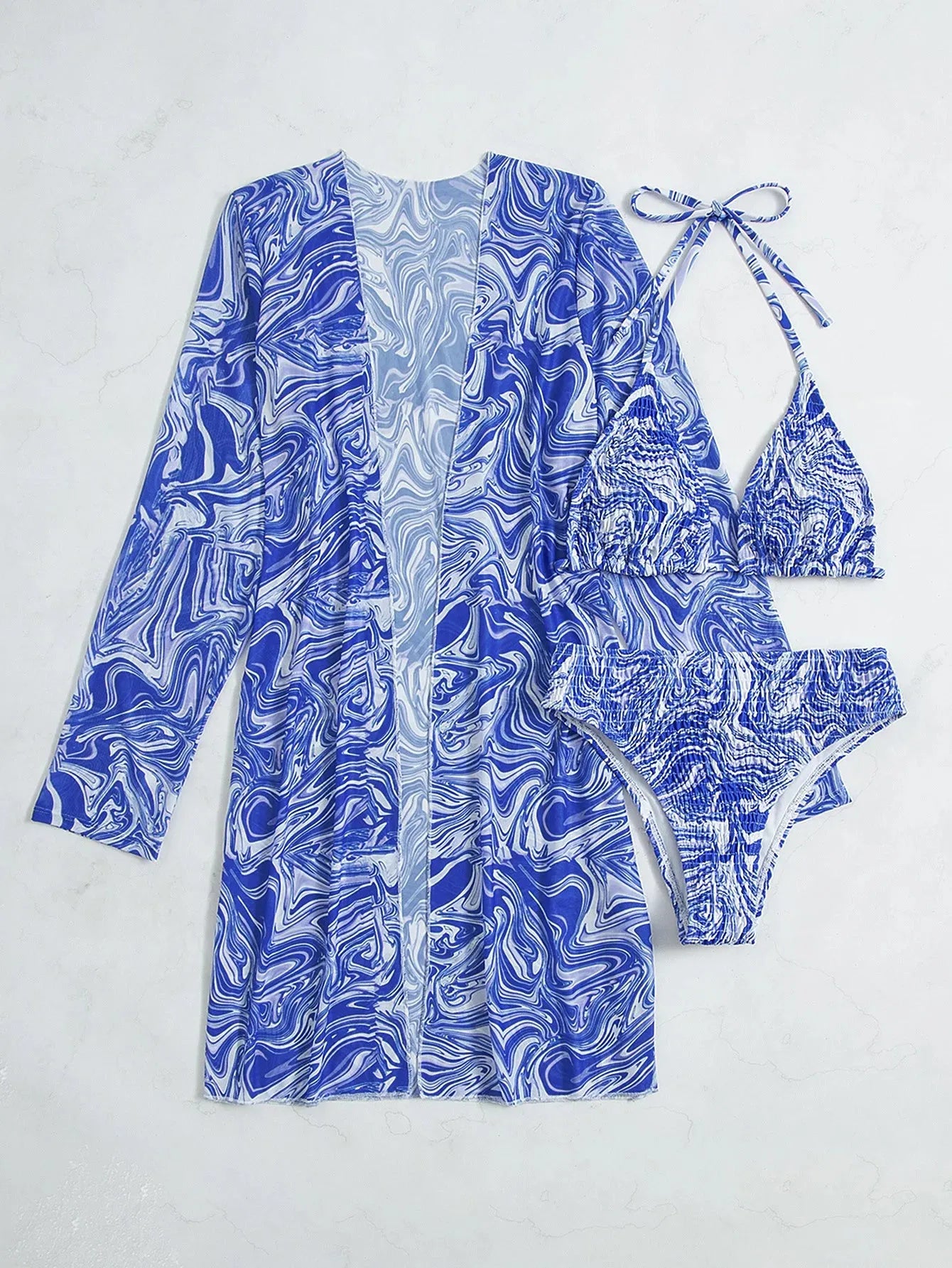 Women's 3 Pieces Swimsuit Blue and White Porcelain Print Long Sleeve Cover-ups Beach Bikini Set - Shop & Buy