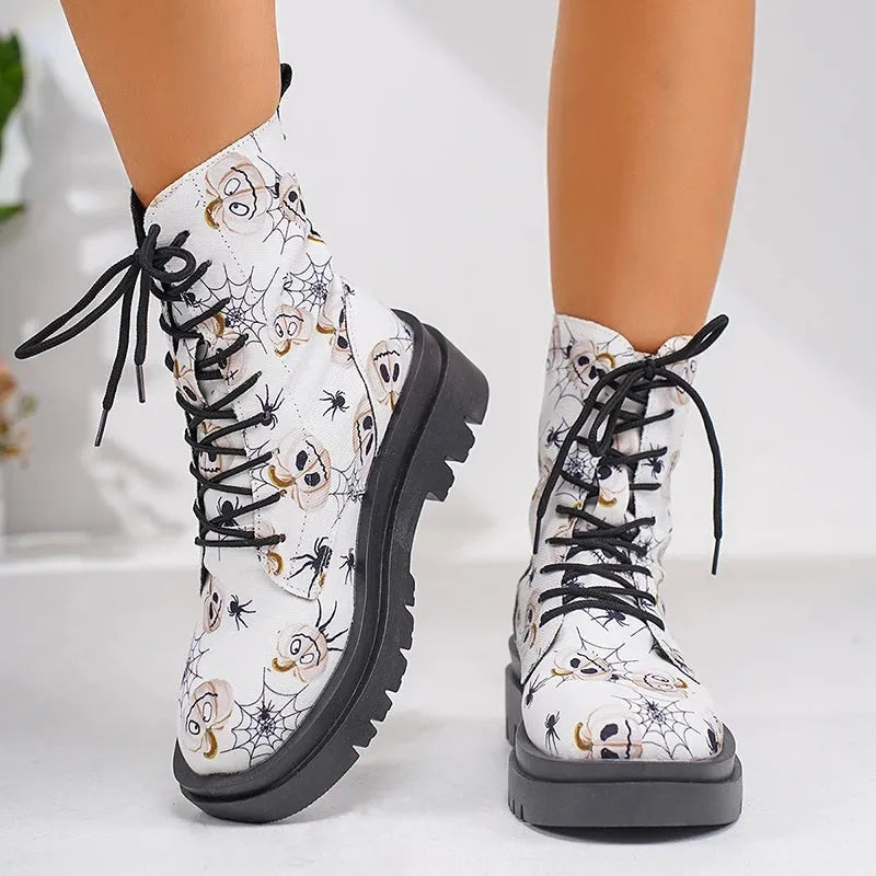 Women's Fashion Graffiti Printed Ankle Boots Platform Lace Up Flat Combat Booties Woman Non Slip Pu Leather Short Boots - Shop & Buy