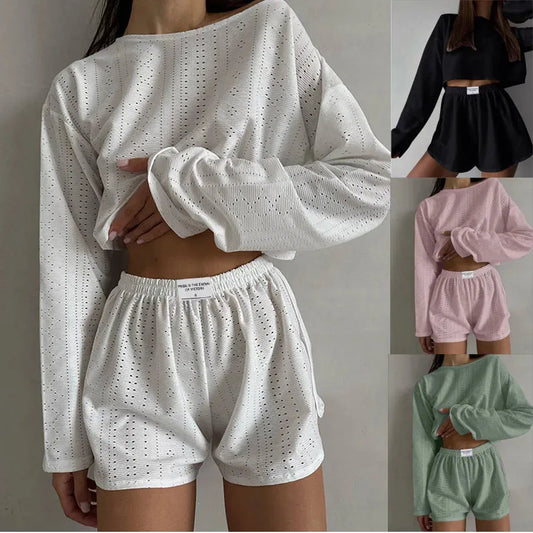 Women's Pajamas Set Spring Long Sleeve Tops With Shorts Sleepwear 2 Piece Set Loose Round Neck Home Wear - Shop & Buy