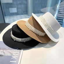 Load image into Gallery viewer, New Flat Top Straw Hat Pearl Decoration Leisure Summer Sunscreen Hat
