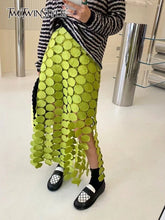 Load image into Gallery viewer, Cut Out Skirt For Women High Waist Patchwork Tassel Irregular Hem Solid Midi Skirts
