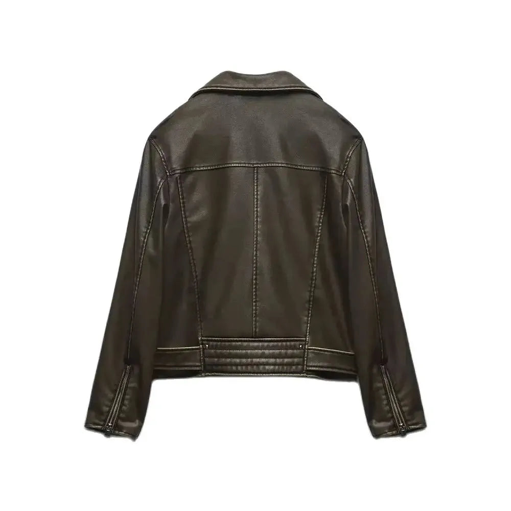 Women's Imitation Leather Jacket, Motorcycle Style, Versatile Lapel, Distressed Effect, Short Style - Shop & Buy