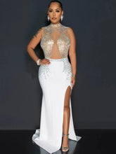 Load image into Gallery viewer, Sexy Shiny Crystal Mesh High Split Maxi Dress Women Sleeveless See Through Bodycon Dress
