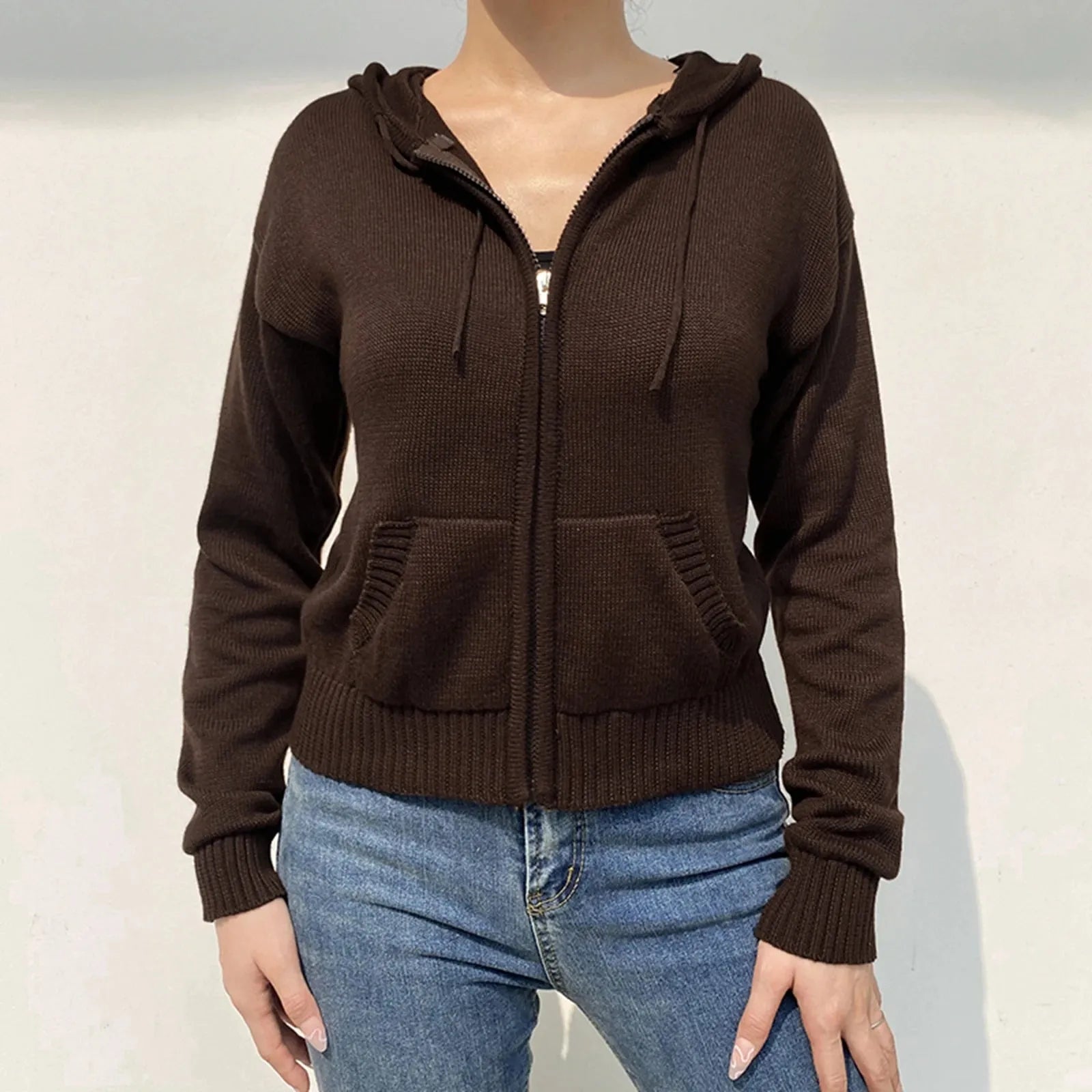 Women’s Full Zip Knit Hoodies Casual Sweaters Solid Color Long Sleeve Drawstring Sweatshirts - Shop & Buy