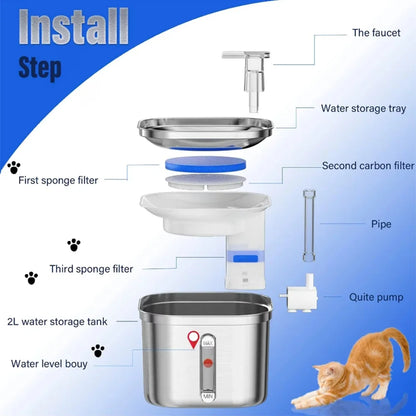 2.2L/73oz Cat Water Fountain Stainless Steel Pet Water Fountain for Cats Inside 1Filters&Ultra-Quiet Pump Dog Pet Water Fountain