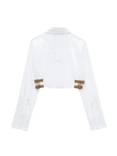 Load image into Gallery viewer, Women Lapel Cropped Shirt Casual Long Sleeve Pocket Belt White Short Blouse Female Simple High Street Tops
