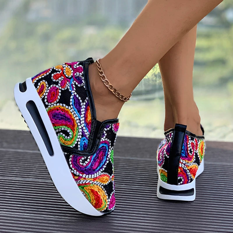 Rainbow Embroidered Platform Loafers for Women Summer Breathable Mesh Sneakers Woman Plus Size Lightweight Slip On Casual Shoes