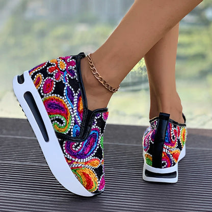 Rainbow Embroidered Platform Loafers for Women Summer Breathable Mesh Sneakers Woman Plus Size Lightweight Slip On Casual Shoes