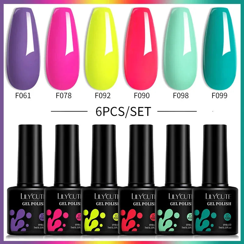 6Pcs/Set Fluorescent Neon Colors Gel Nail Polish Set Vernis Semi Permanent Soak Off UV Nail Art Gel for Home Nails DIY - Shop & Buy