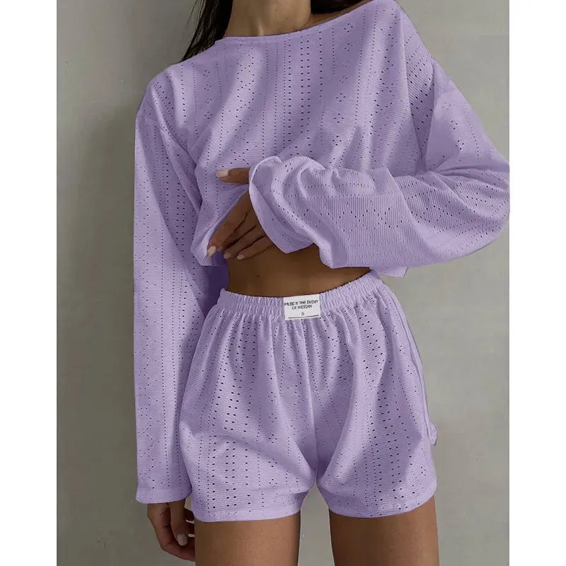 Women's Pajamas Set Spring Long Sleeve Tops With Shorts Sleepwear 2 Piece Set Loose Round Neck Home Wear - Shop & Buy