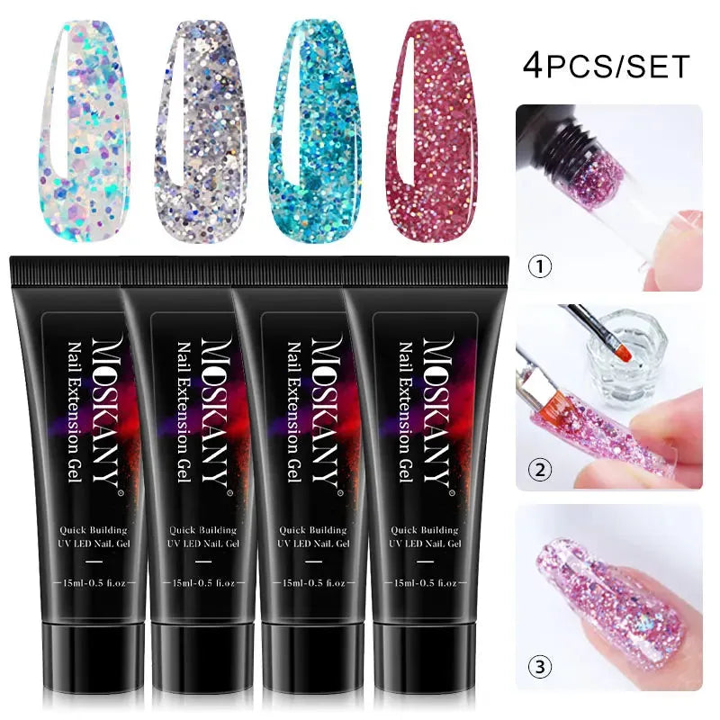 15ml Poly Nail Gel Full Set For Extention Nail Glitter Solid Color Gel Polish Kit Set Acrylic Nail Beginner Manicure Tool Kits - Shop & Buy