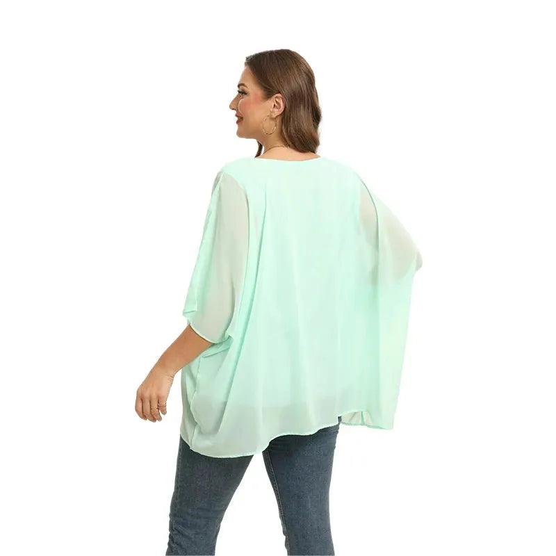 Womens Plus Size Elegant Summer Blouse Batwing Sleeve Oversized Chiffon Blouse Scoop Neck Large Size Casual Tunic Top Shirt 4XL - Shop & Buy