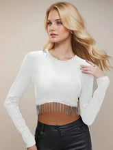 Load image into Gallery viewer, Sexy Knitted Cropped T-shirt for Women Spring Autumn Long Sleeve Rhinestone Tassel Tops
