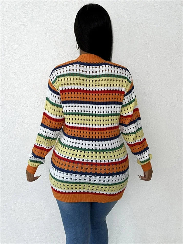 Autumn New Hollowed Out Contrasting Striped Long Sleeved Cardigan Loose Casual Knitted Jacket