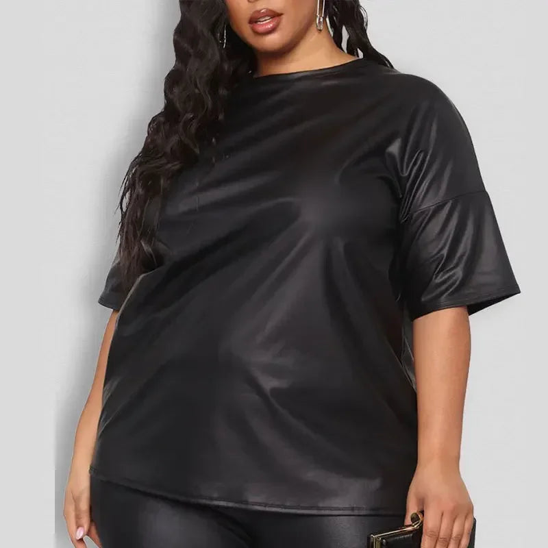 Plus Size Women Black Matte Leather Top Trousers Sets Casual Loose Mid Sleeve Top Stretch PU Pants Suits