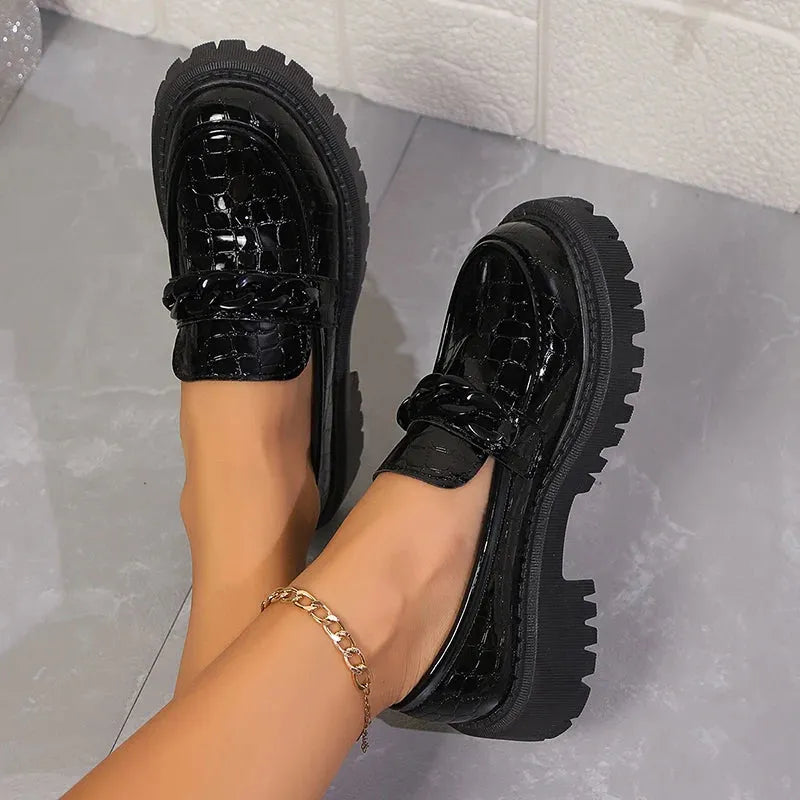 Women's Chain Decor Platform Loafers Fashion Black Patent Leather Dress Shoes Woman Comfortable Slip On Flat Shoes - Shop & Buy