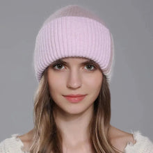 Load image into Gallery viewer, New Fashion Color Splicing Knitted Women&#39;s Hats Warmth Angora Rabbit Fur Hat Winter Beanie for Lady Adult Female Cap
