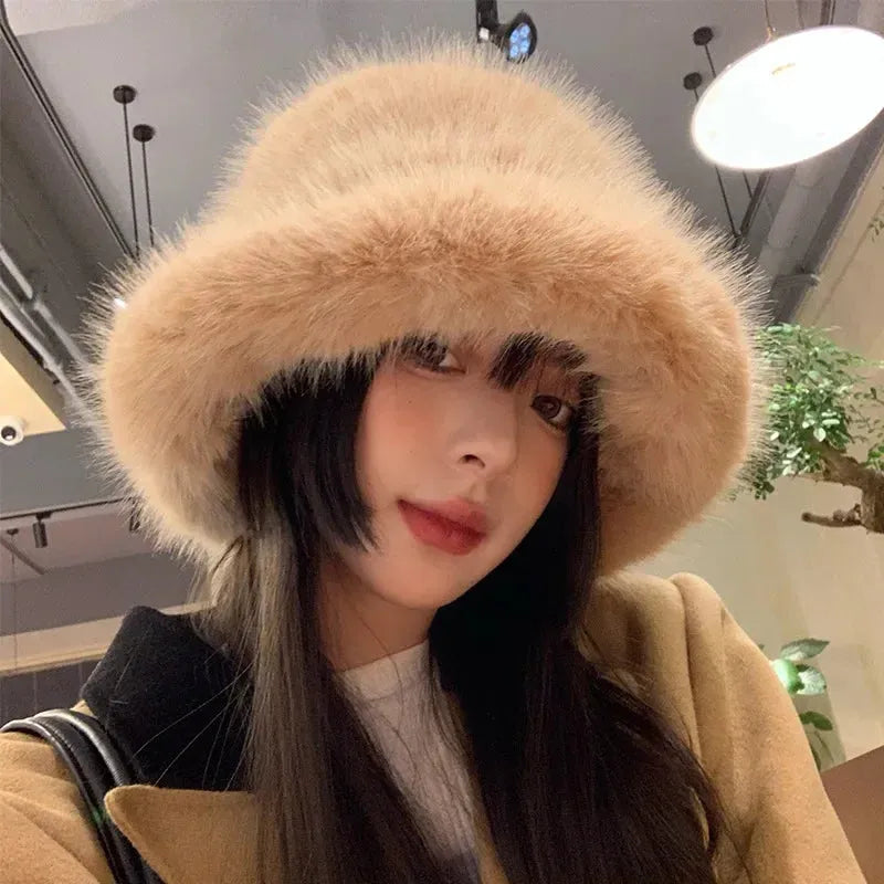 y2k Fluffy Faux Fur Bucket Hat Women Rabbit Fur Warm Thick Plush Winter Hat Lady Luxury Fashion - Shop & Buy