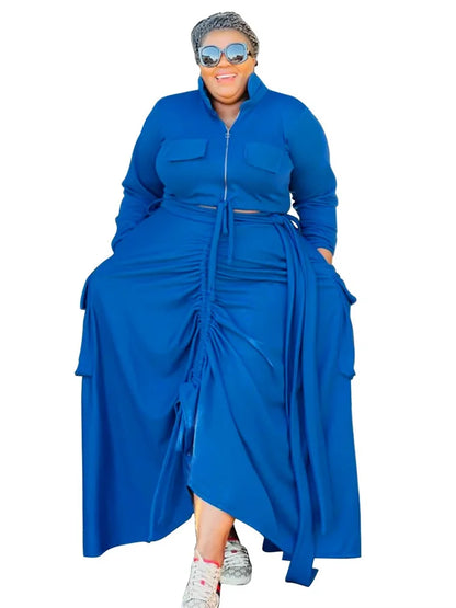 Plus Size Two Piece Sets Women Fall Clothing Solid Zip Up Tops and Dress Sets Bandage New