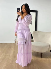 Load image into Gallery viewer, Elegant Hollow Lace Spliced Chiffon Ruffle Long Dress Women Sexy Deep V-neck Lantern Sleeves Maxi Dresses
