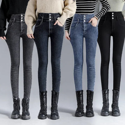 Winter Thick Velvet Women High Waist Skinny Jeans Simple Fleece Warm Slim Fit Stretch Ladies Casual Denim Pencil Pants