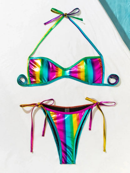 Women's Two Piece Mini Swimsuit Sexy Hot Stamping Gradient Rainbow Tie Dye Bikini Set Suspender Halter - Shop & Buy