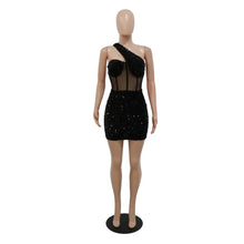 Load image into Gallery viewer, Summer Women Sleeveless One Shoulder Bodycon Sexy Glitter Sequined Mesh Patchwork Mini Dress
