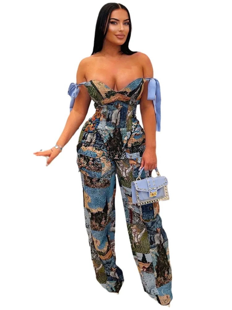 2 Piece Sets Women Sexy Printed Oil Painting Pattern Strap Drawstring Multi Pocket Pants Set